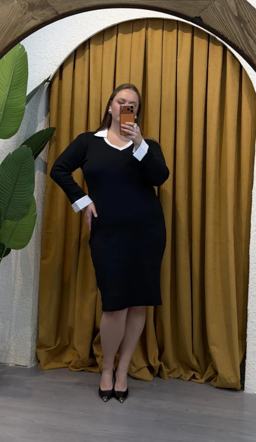 Gömlek Yaka Esnek Triko Elbise - Siyah