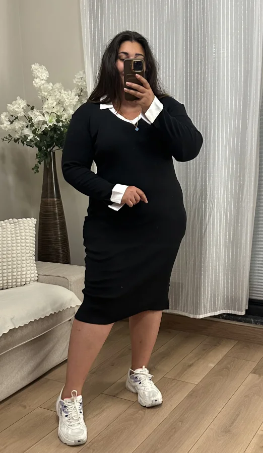 Gömlek Yaka Esnek Triko Elbise - Siyah