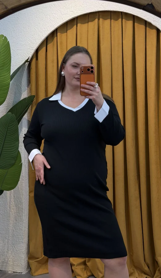 Gömlek Yaka Esnek Triko Elbise - Siyah