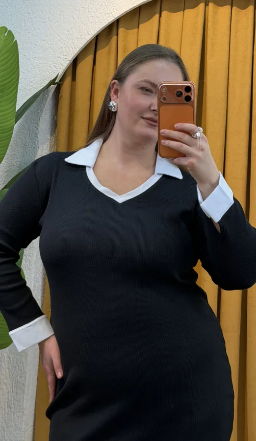 Gömlek Yaka Esnek Triko Elbise - Siyah