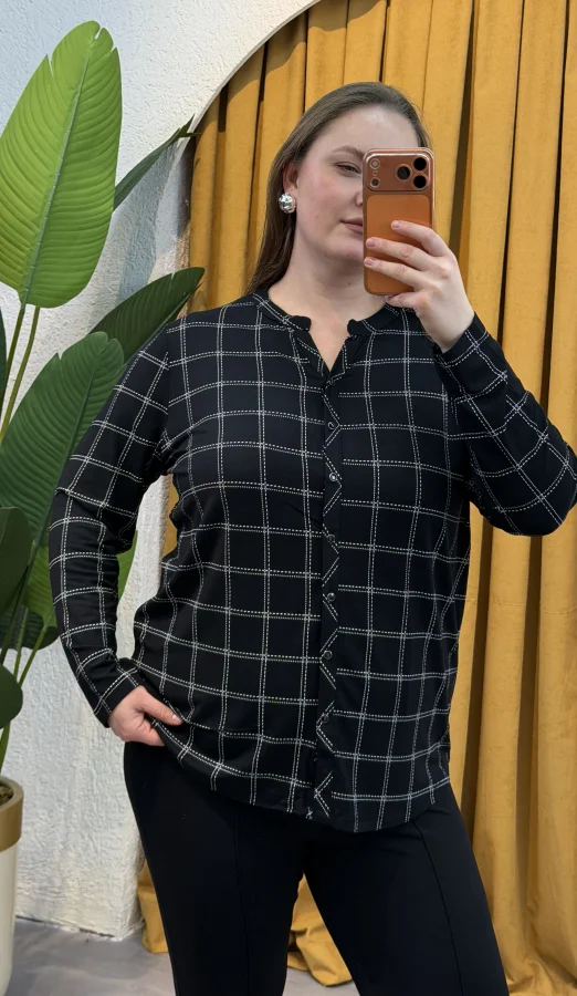 Hakim Yaka Esnek Pamuklu Penye Gömlek - Kareli