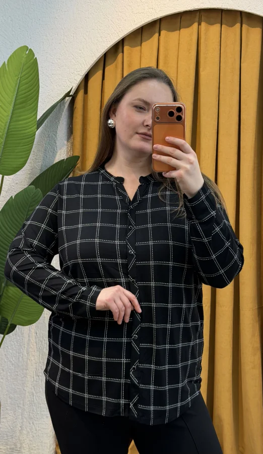 Hakim Yaka Esnek Pamuklu Penye Gömlek - Kareli