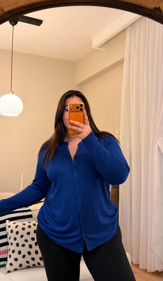 Hakim Yaka Esnek Pamuklu Penye Gömlek - Mavi