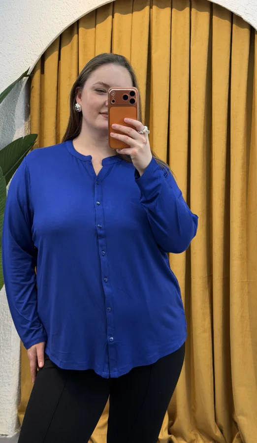 Hakim Yaka Esnek Pamuklu Penye Gömlek - Mavi