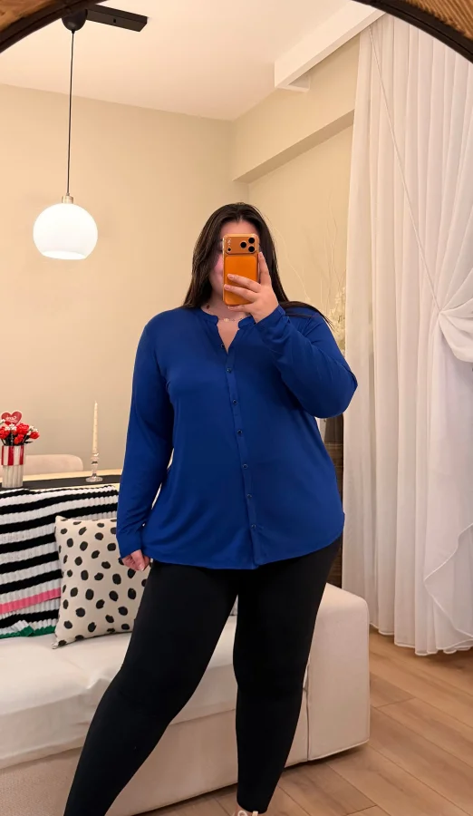 Hakim Yaka Esnek Pamuklu Penye Gömlek - Mavi