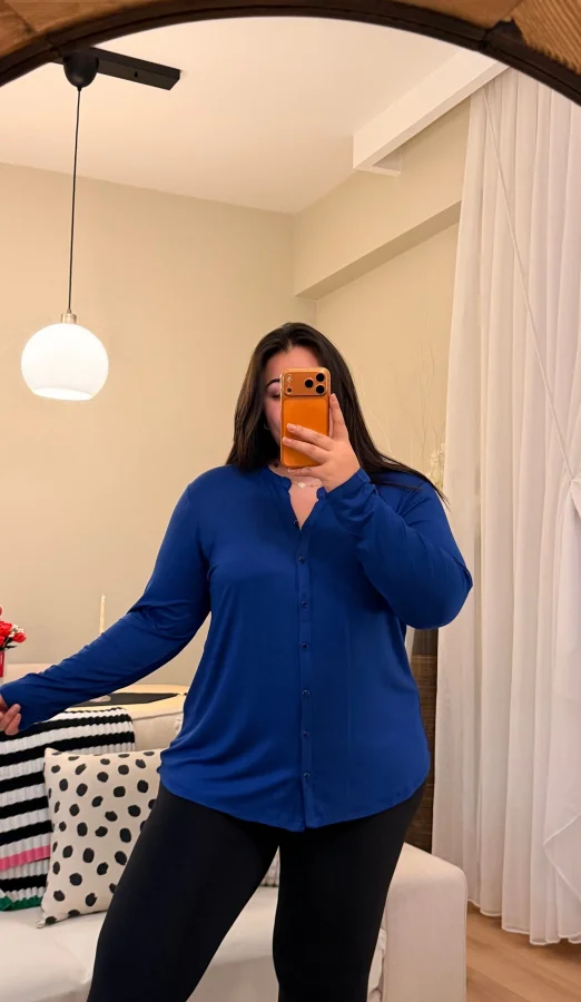 Hakim Yaka Esnek Pamuklu Penye Gömlek - Mavi