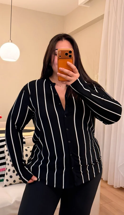 Hakim Yaka Esnek Pamuklu Penye Gömlek - Siyah Çizgili