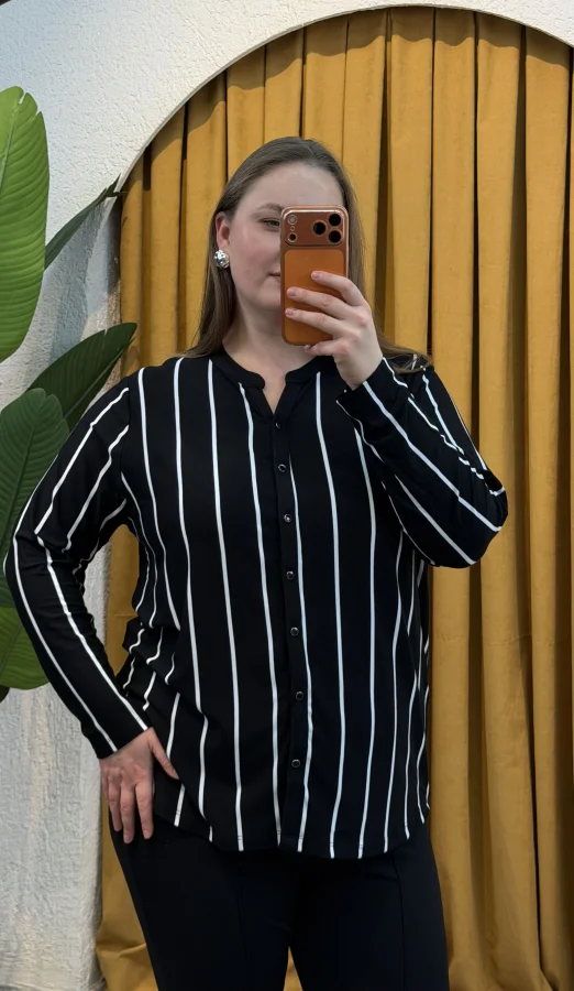 Hakim Yaka Esnek Pamuklu Penye Gömlek - Siyah Çizgili