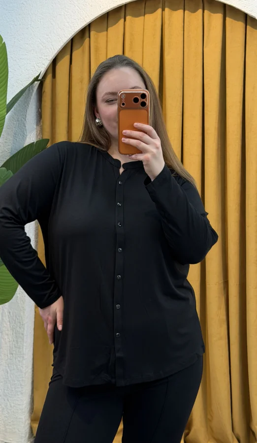 Hakim Yaka Esnek Pamuklu Penye Gömlek - Siyah