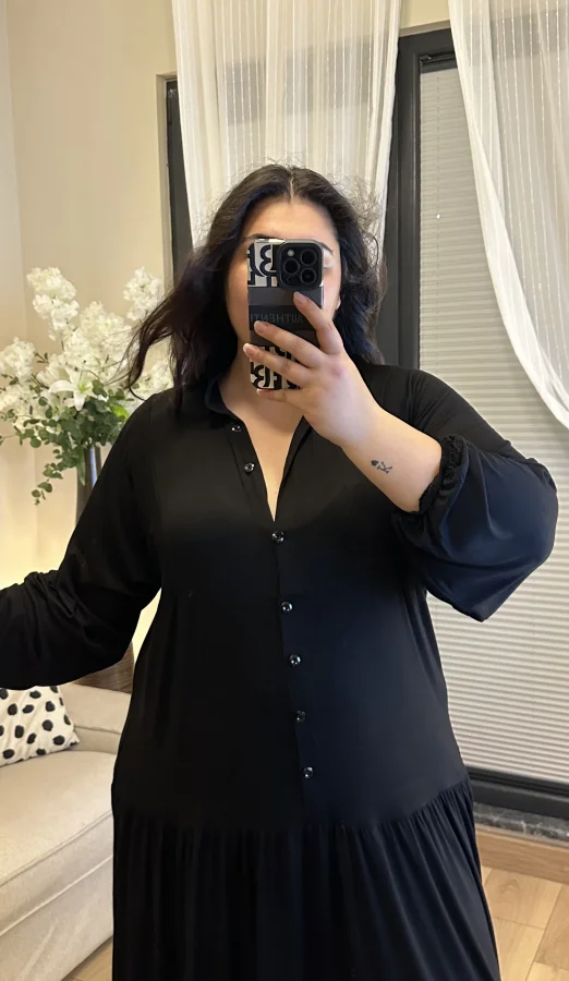 Hakim Yaka Esnek Penye Gömlek Elbise - Siyah