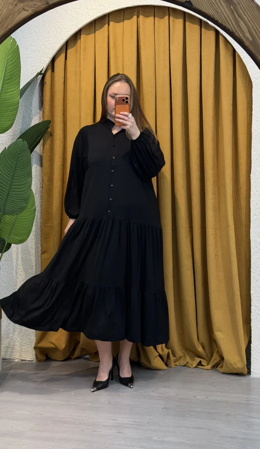 Hakim Yaka Esnek Penye Gömlek Elbise - Siyah