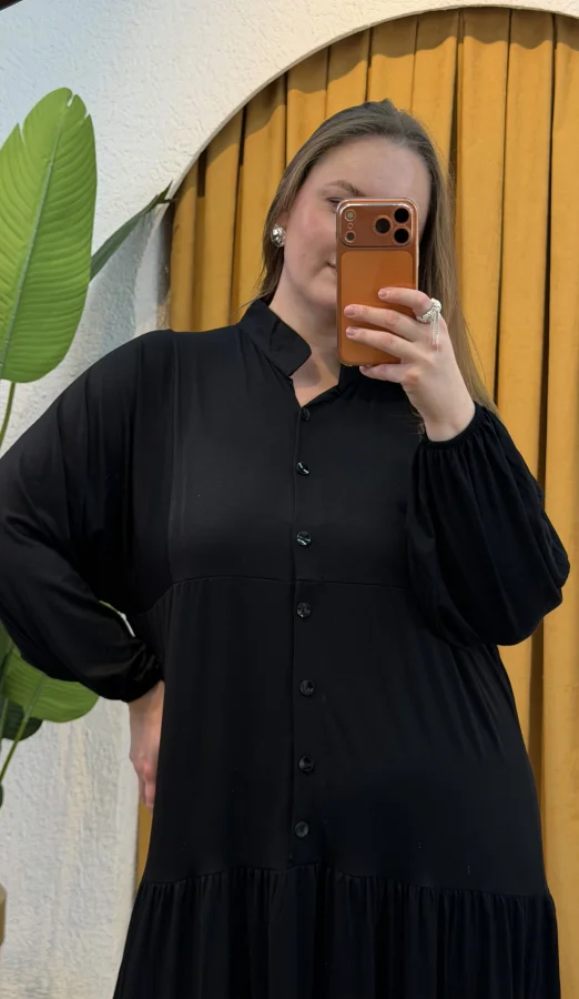 Hakim Yaka Esnek Penye Gömlek Elbise - Siyah