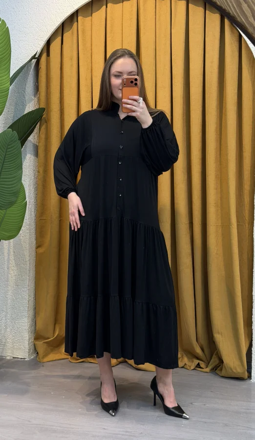 Hakim Yaka Esnek Penye Gömlek Elbise - Siyah