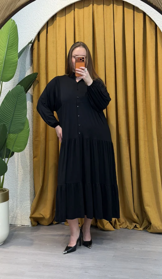 Hakim Yaka Esnek Penye Gömlek Elbise - Siyah