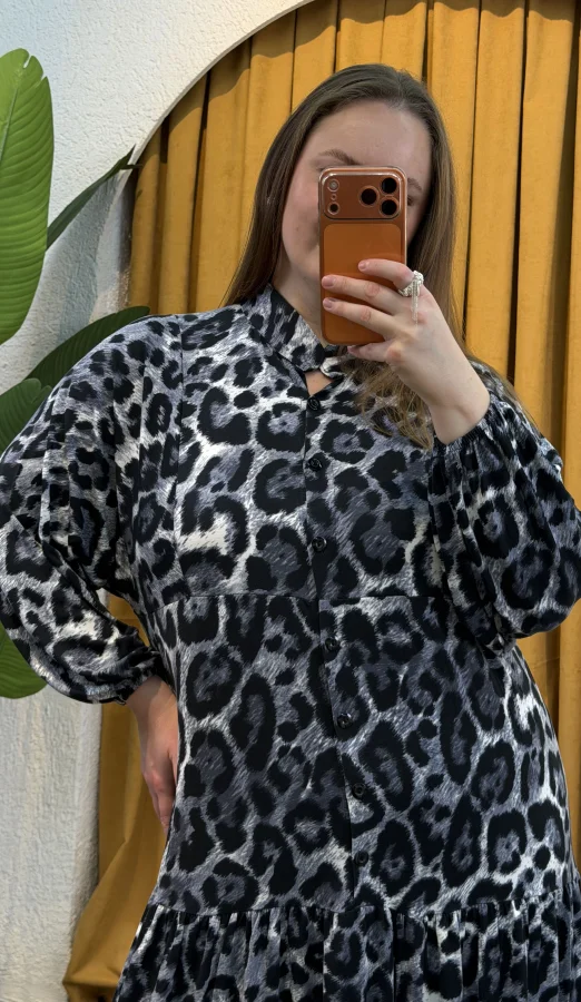 Hakim Yaka Esnek Penye Gömlek Elbise - Siyah Leopar