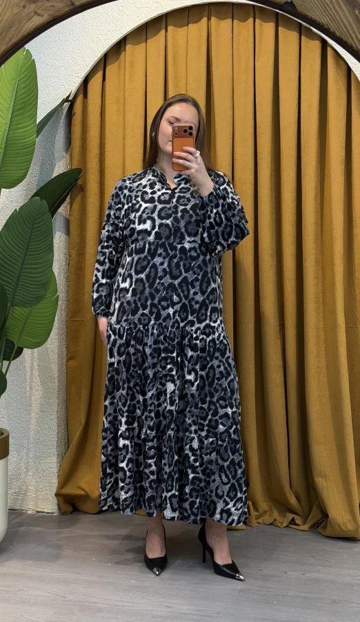 Hakim Yaka Esnek Penye Gömlek Elbise - Siyah Leopar