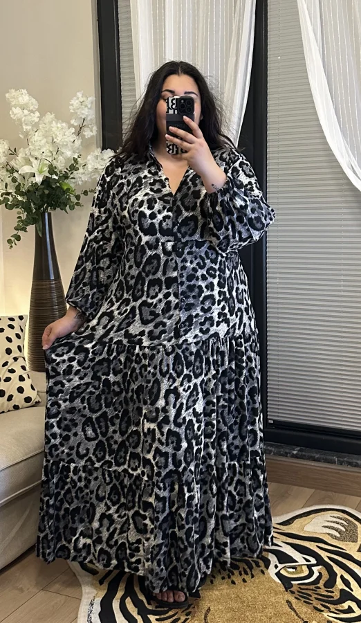 Hakim Yaka Esnek Penye Gömlek Elbise - Siyah Leopar
