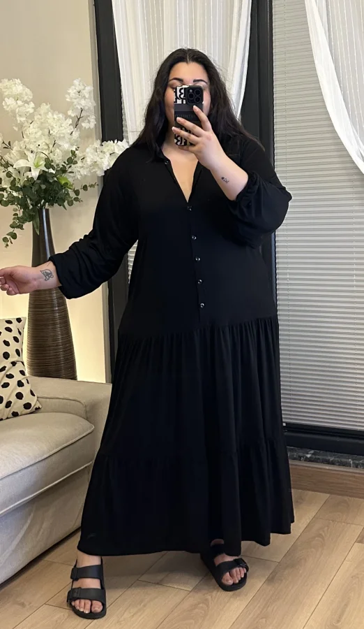 Hakim Yaka Esnek Penye Gömlek Elbise - Siyahh