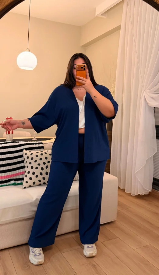 İkili Bürümcük Kimono Takım - Lacivert