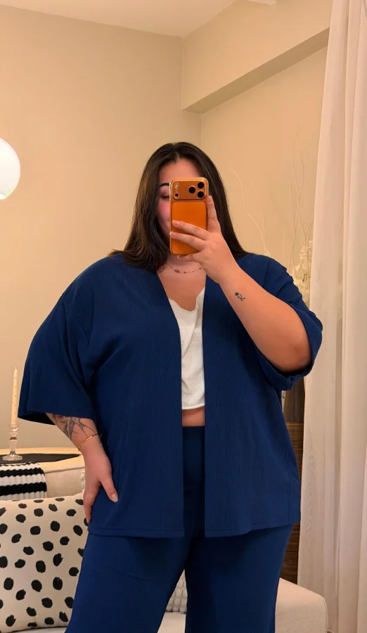 İkili Bürümcük Kimono Takım - Lacivert