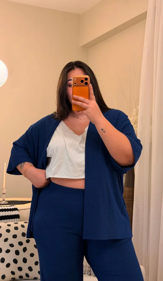 İkili Bürümcük Kimono Takım - Lacivert