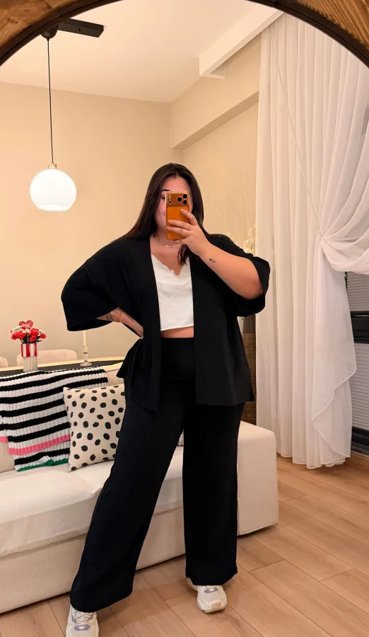 İkili Bürümcük Kimono Takım - Siyah