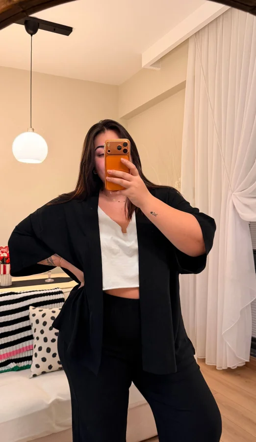 İkili Bürümcük Kimono Takım - Siyah