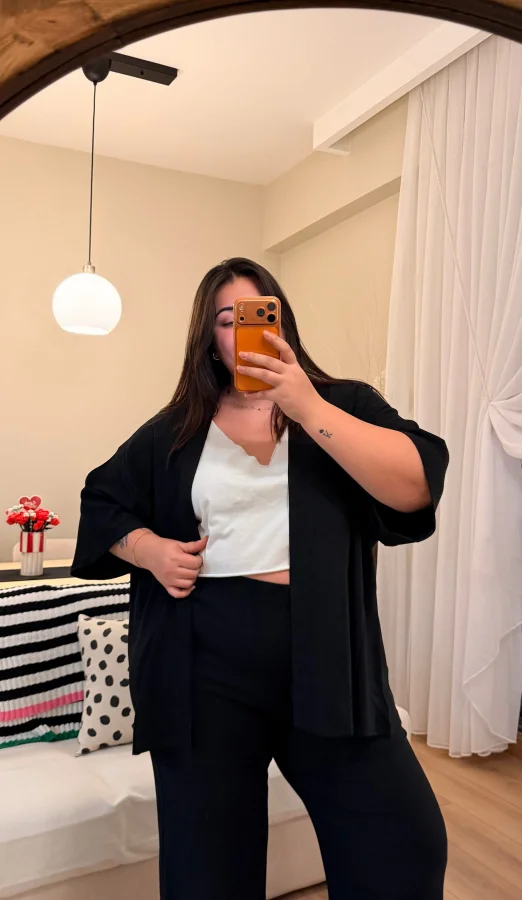 İkili Bürümcük Kimono Takım - Siyah