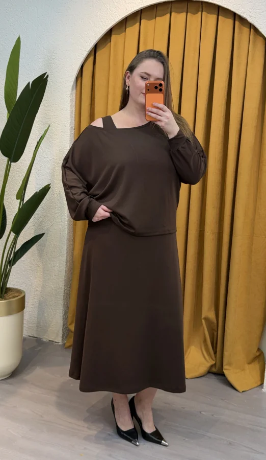 İkili Kayık Yaka Modal Elbise - Kahverengi