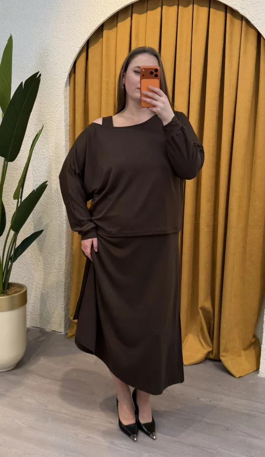 İkili Kayık Yaka Modal Elbise - Kahverengi