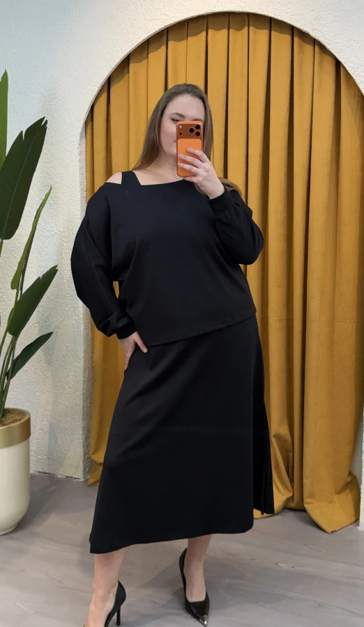 İkili Kayık Yaka Modal Elbise - Siyah