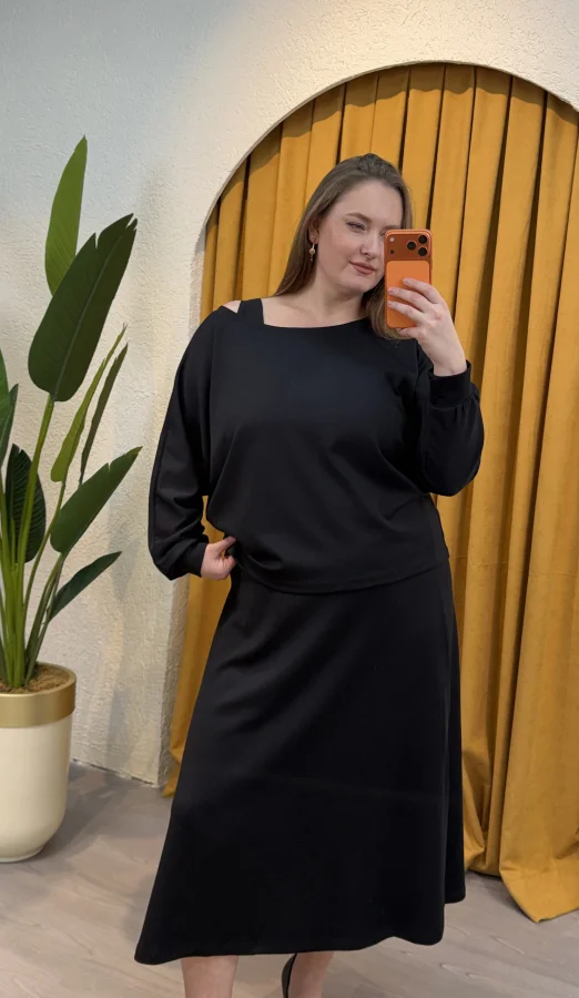 İkili Kayık Yaka Modal Elbise - Siyah