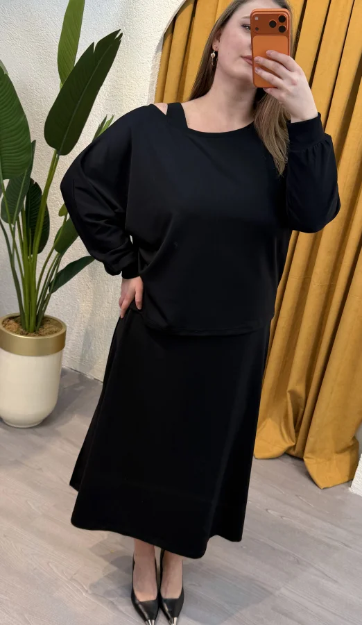 İkili Kayık Yaka Modal Elbise - Siyah