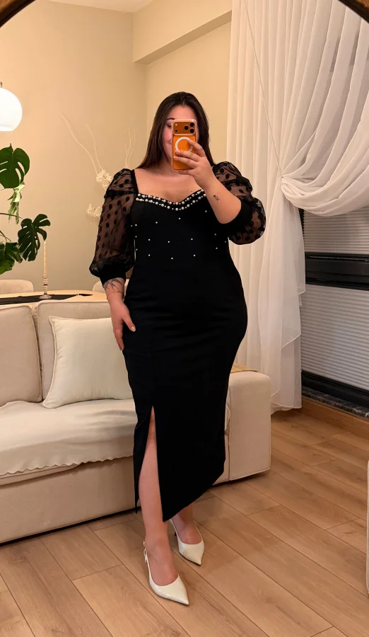 İnci Detaylı Krep Elbise - Siyah