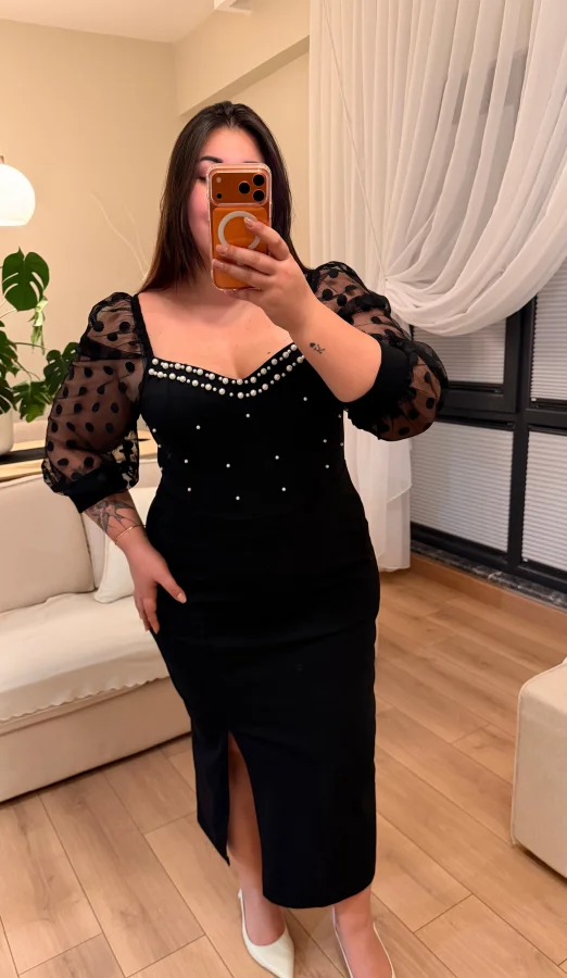 İnci Detaylı Krep Elbise - Siyah