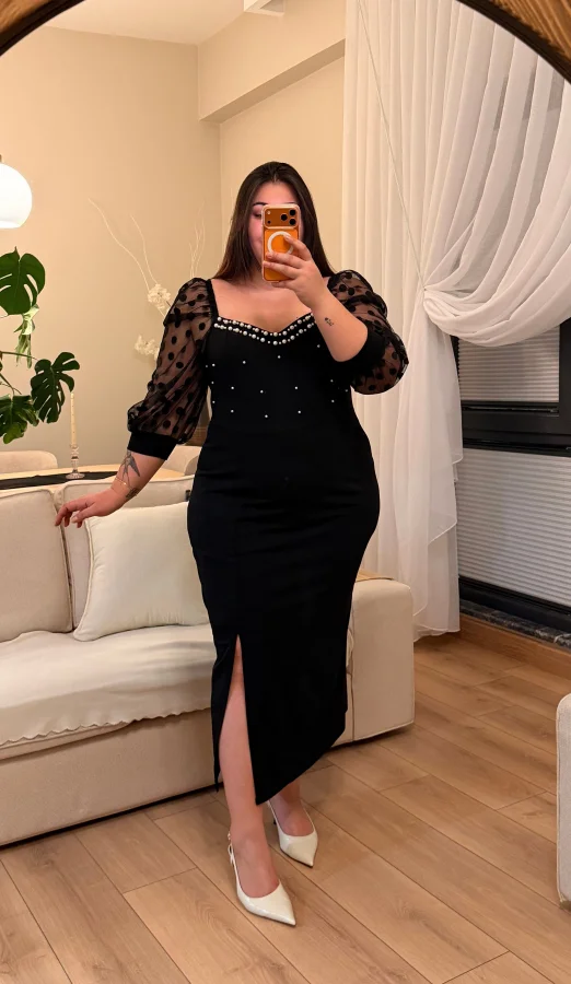 İnci Detaylı Krep Elbise - Siyah