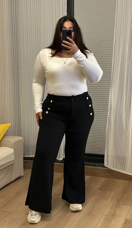 İspanyol Paça Düğme Detaylı Esnek Pantolon - Siyah