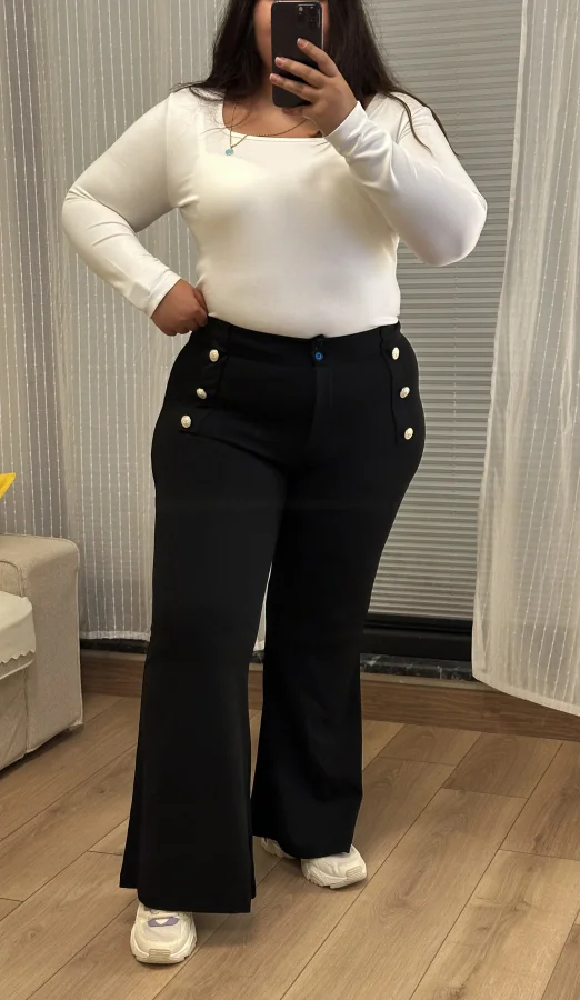 İspanyol Paça Düğme Detaylı Esnek Pantolon - Siyah