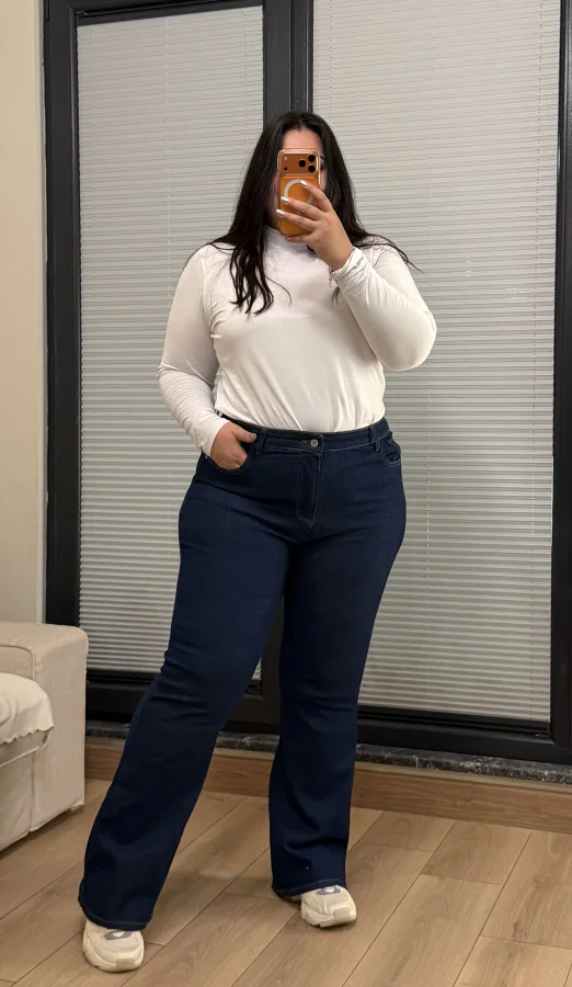 İspanyol Paça Yüksek Bel Likralı Kot Pantolon - Lacivert