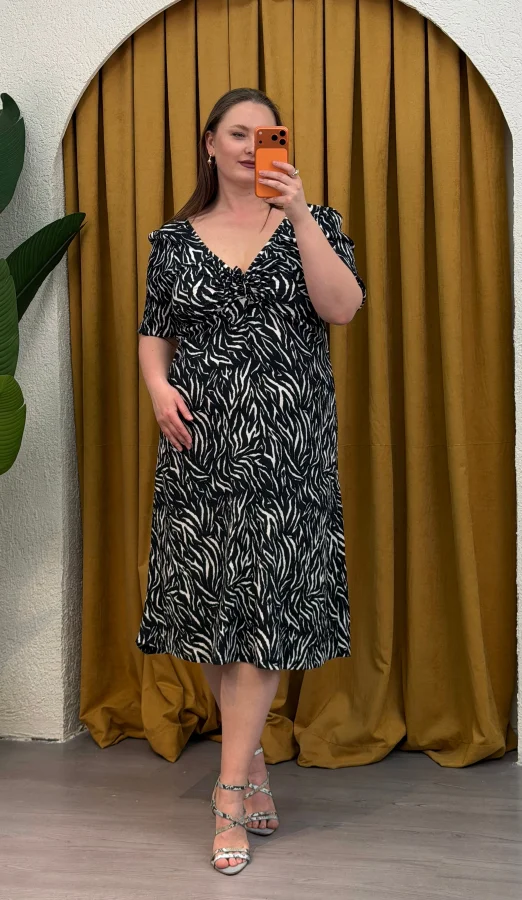 Kalp Yaka Esnek Bürümcük Elbise - Zebra