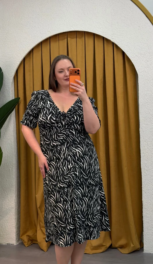 Kalp Yaka Esnek Bürümcük Elbise - Zebra