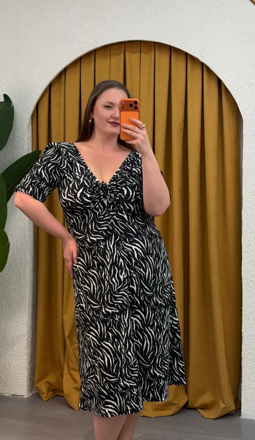 Kalp Yaka Esnek Bürümcük Elbise - Zebra