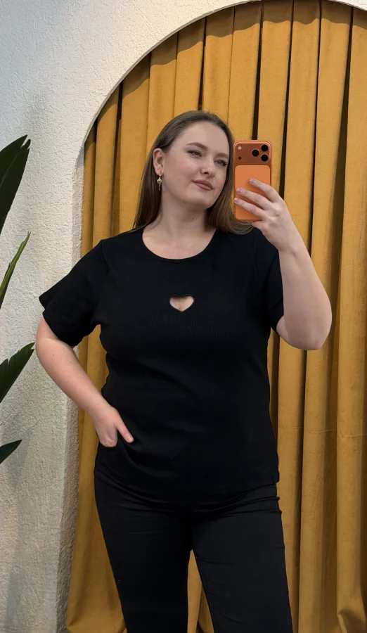 Kalpli Lazer Kesim Esnek Tişört - Siyah