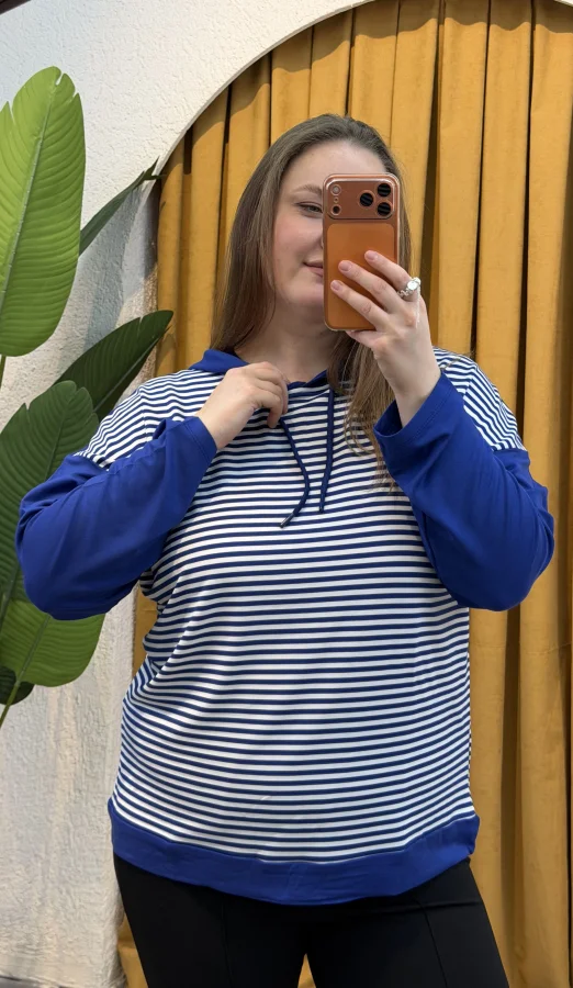 Kapüşonlu Çizgili Sweatshirt - Mavi