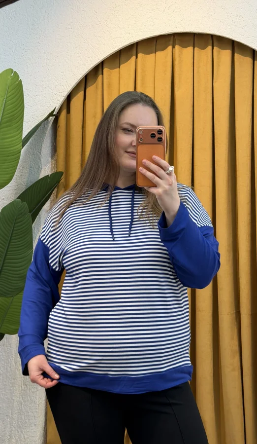 Kapüşonlu Çizgili Sweatshirt - Mavi