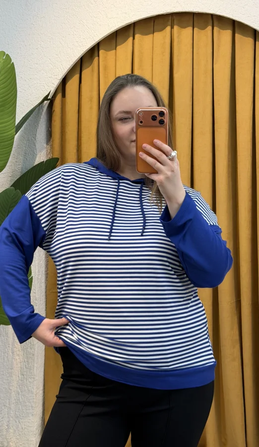 Kapüşonlu Çizgili Sweatshirt - Mavi