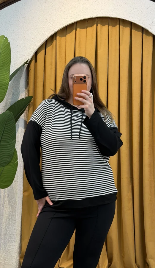Kapüşonlu Çizgili Sweatshirt - Siyah