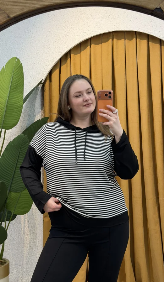 Kapüşonlu Çizgili Sweatshirt - Siyah