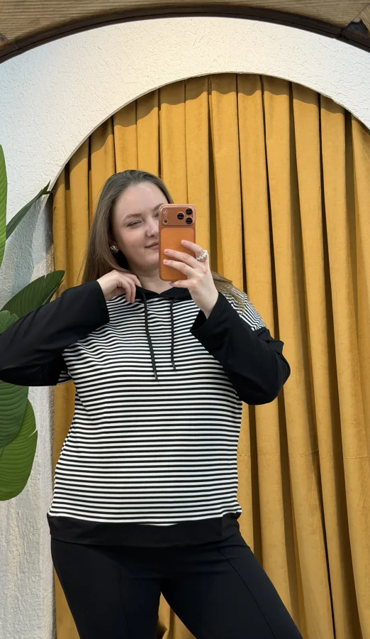 Kapüşonlu Çizgili Sweatshirt - Siyah