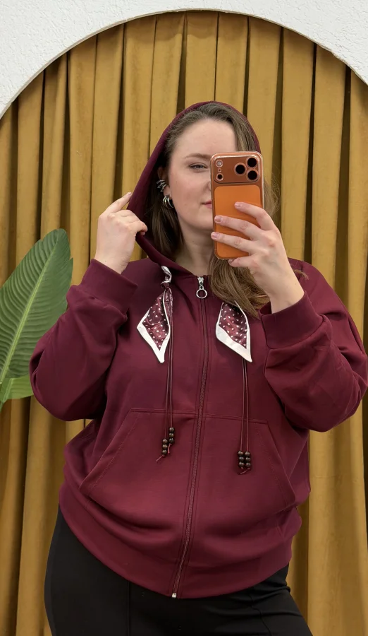 Kapüşonlu Fular Detaylı Fermuarlı Modal Hırka - Bordo